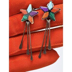 Sterling Silver Star Inlay Dangle Earrings Signed Southwestern Style